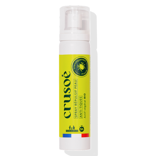 Répulsif naturel anti-tiques bio, formulé avec des huiles essentielles pures, parfait pour toute la famille.