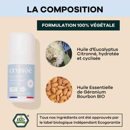 Roller anti-moustiques bébé et femmes enceintes enrichi en huile d'eucalyptus et de géranium pour une protection naturelle contre les piqures de moustiques