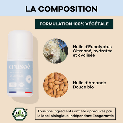 Roller anti-moustiques naturel bébé et femmes enceintes enrichi en huile d'eucalyptus et de géranium pour une protection naturelle contre les piqures de moustiques