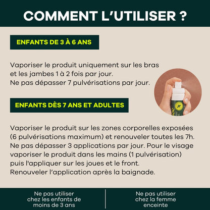 Duo de spray 50ml et 150ml contre les moustiques et piqures, à vaporiser plusieurs fois par jour sur le corps et visage, convient aux enfants dès 3 ans et adultes