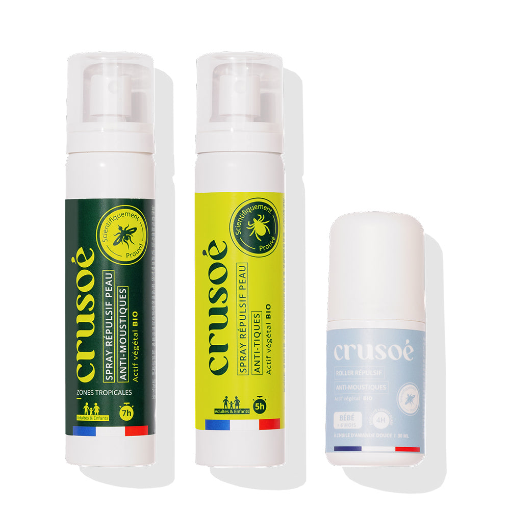 Trio de spray et roll-on anti-moustique et tique naturels aux huiles essentielles d'eucalyptus et de géranium, protection efficace et longue durée contre le moustique tigre